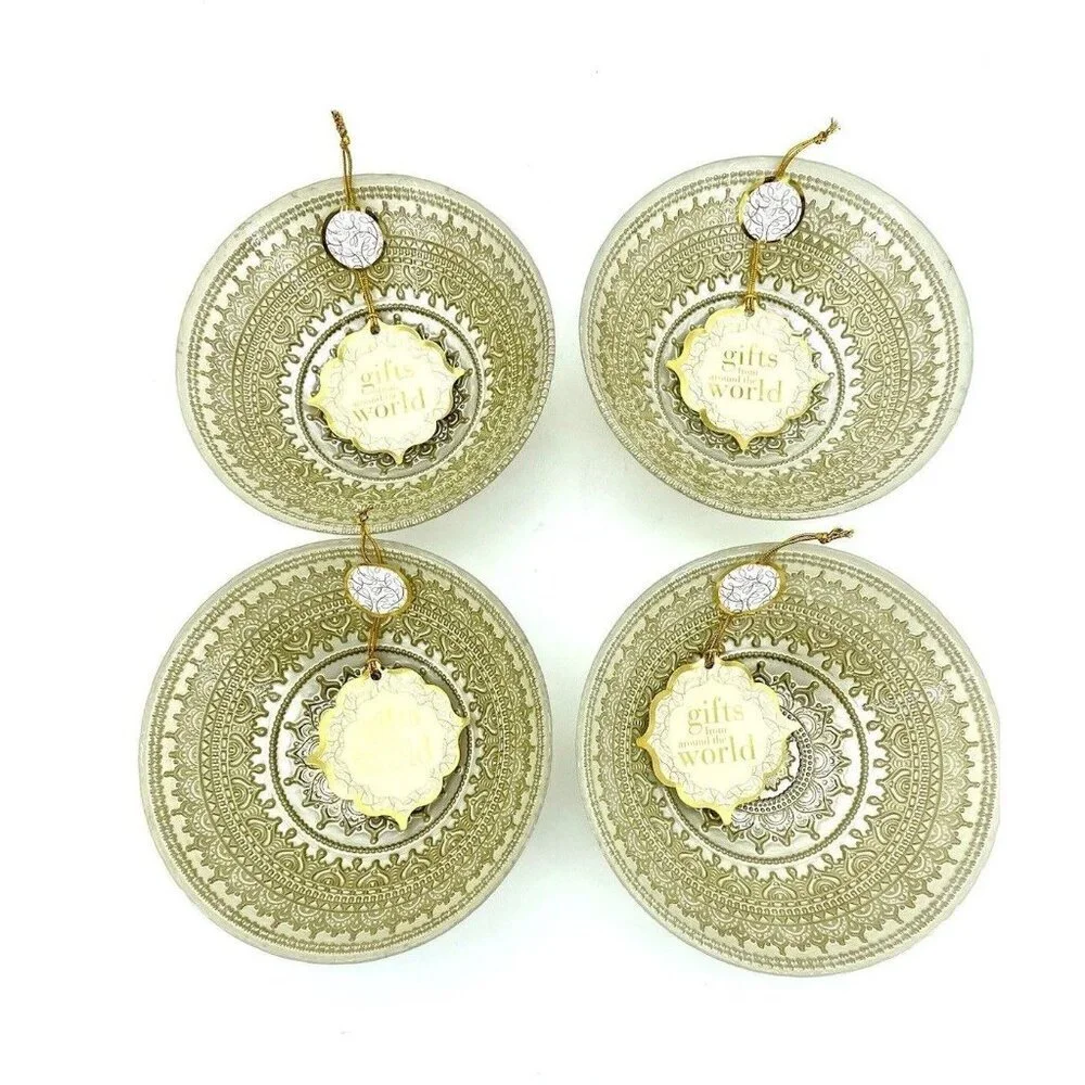 Turkish Glass Bowls Hand Painted Gold Lace Set of 4 White Glass Bowls 6.5